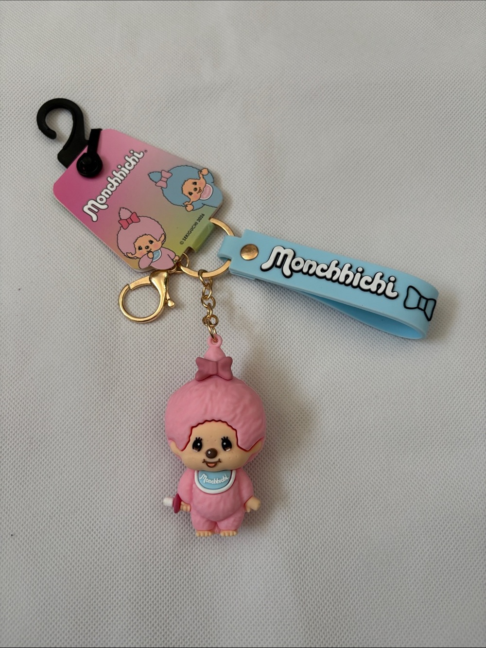 Monchhichi Pink Character Keychain with Blue Strap